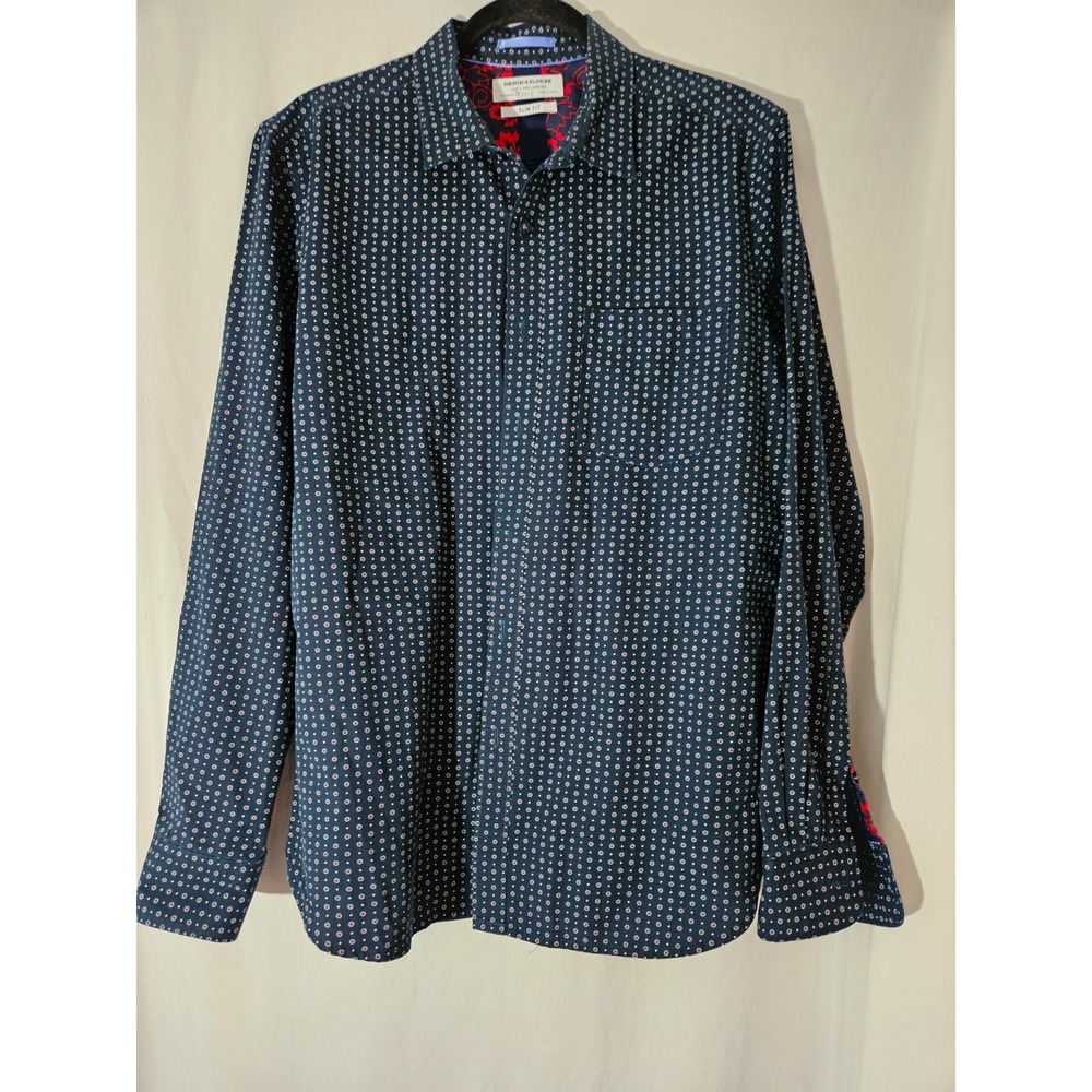 Men's Denim & Flower Ricky Singh LS Button Up Shirt Navy Dot Pattern Medium Slim
